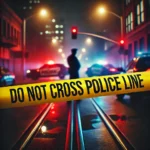 DALL·E 2025-01-23 13.04.32 - A dramatic crime scene with yellow 'Do Not Cross Police Line' tape prominently displayed, stretching across the foreground. The background includes a